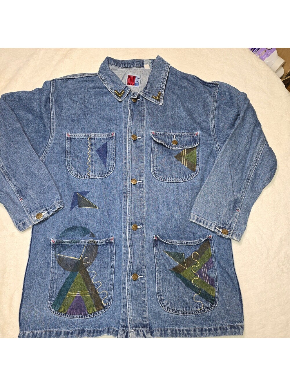 Vintage 90s Sunbelt Denim Southwestern Patchwork Chore Coat Jacket Women Medium